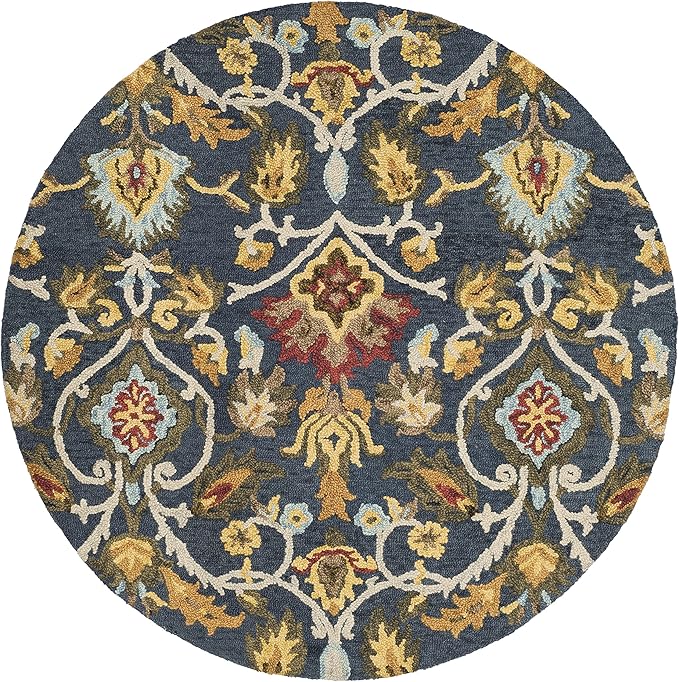 SAFAVIEH Blossom Collection Area Rug - 8' Round, Navy & Multi, Handmade Wool, Ideal for High Traffic Areas in Living Room, Bedroom (BLM402A)