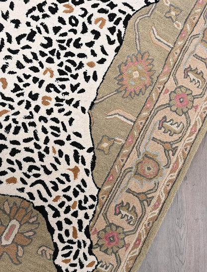 Handmade Leopard Wool Area Rug with Traditional Oushak Motif – Exquisite Animal Print Cheetah Rugs for Living Room, Bedroom | Plush Texture, Vintage Style, Thick & Durable Carpet (Neutral, 6' x 9')