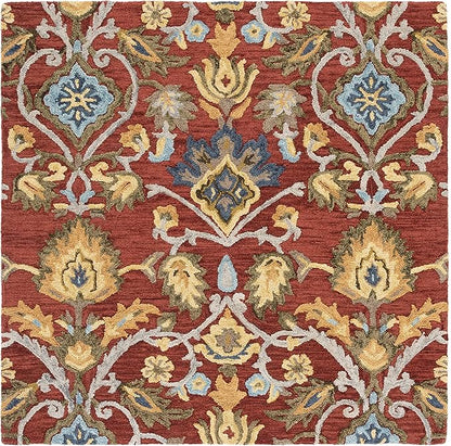 SAFAVIEH Blossom Collection Area Rug - 4' Square, Red & Multi, Handmade French Country Floral Wool, Ideal for High Traffic Areas in Living Room, Bedroom (BLM402Q)
