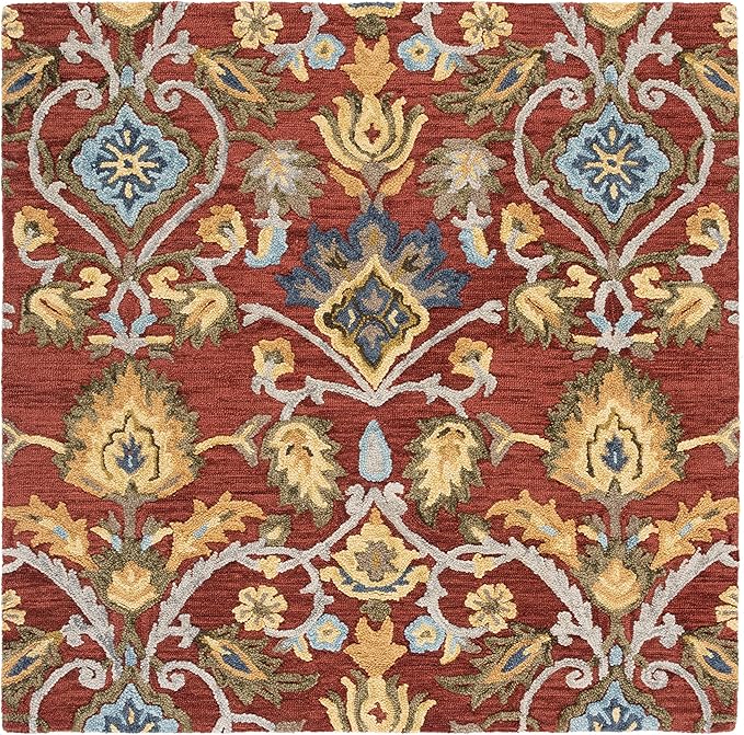 SAFAVIEH Blossom Collection Area Rug - 6' Square, Red & Multi, Handmade French Country Floral Wool, Ideal for High Traffic Areas in Living Room, Bedroom (BLM402Q)