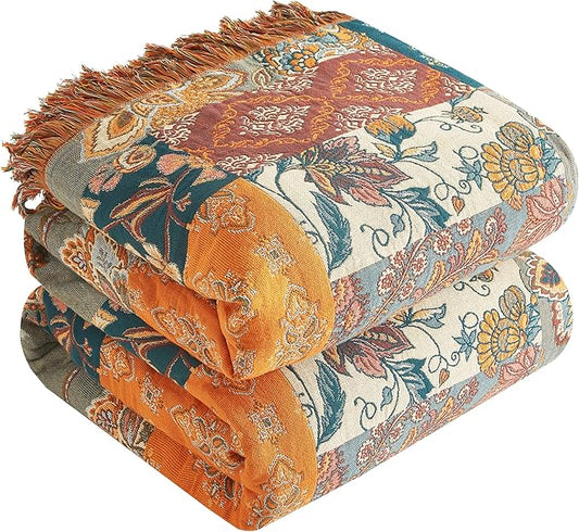 Boho Throw Blanket 100% Cotton Woven Ultra Soft 4-Layer Muslin Quilt Farmhouse Bed Blanket Cover 90"x98", Patchwork Floral