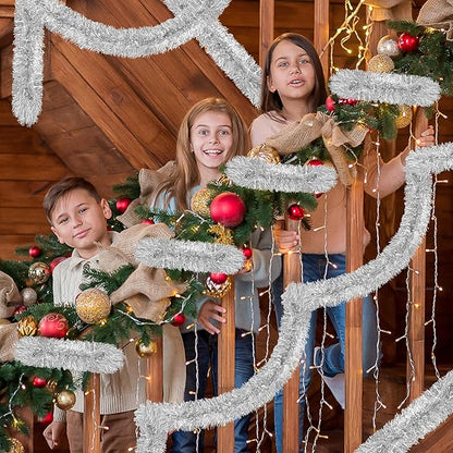 50 Ft Christmas Tinsel Garland Silver Thick Tinsel Garland Xmas Tree Decorations Metallic Tinsel Twist Garland for Christmas, Birthday, Party Decor Indoor Outdoor Party Supplies
