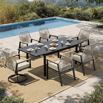 HERA'S HOUSE Patio Table and Chairs Set, Outdoor Dining Set for 7, Outdoor Rattan Dining Set of 4 x Cushioned Woven Rattan Patio Dining Chairs,2 x Patio Swivel Chairs and 1 x 61”/84” Extendable Table