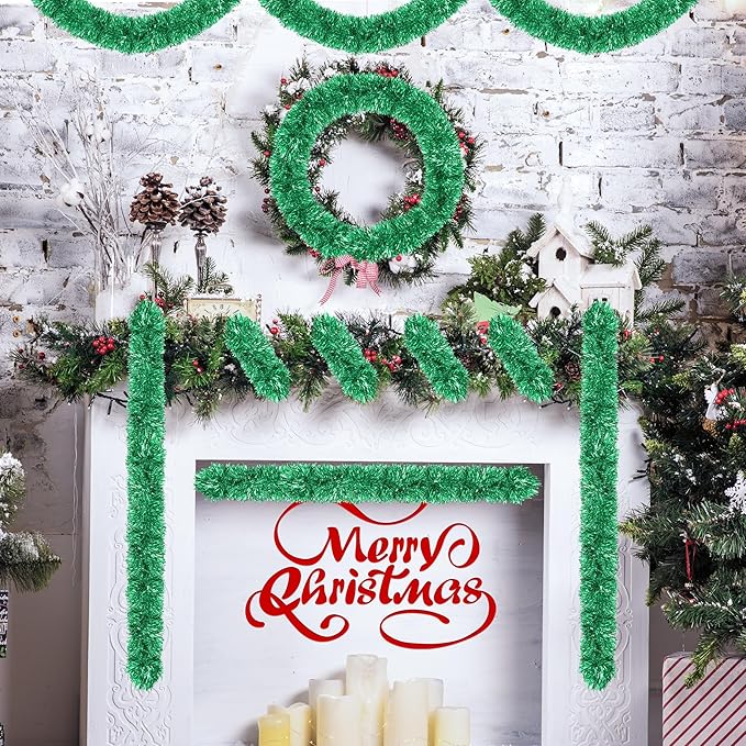 50 Ft Christmas Tinsel Garland Green Thick Tinsel Garland Xmas Tree Decorations Metallic Tinsel Twist Garland for Christmas, Birthday, Party Decor Indoor Outdoor Party Supplies
