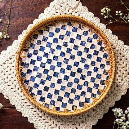 JUNGLE CULTURE Large Rattan Serving Tray 14" with Mother of Pearl Inlay • Coastal Boho Collection • Handcrafted Serving Tray with Handles • Round Woven Table Trays for Home • Wicker Basket – Drift
