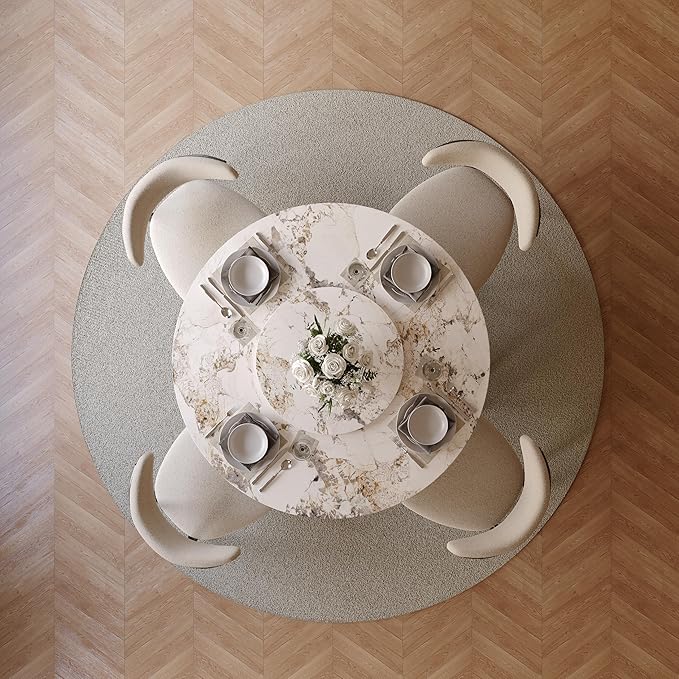 POVISON Round Dining Table for 4, 47" Modern Dining Table with 23" Lazy Susan, Pandora Sintered Stone Dining Tabletop with Black Carbon Steel Pedestal(Dining Table Only)