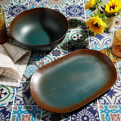 Bloomhouse Palermo Sun 2 Piece Serving Bowl and Oval Platter Stoneware Reactive Glaze Serveware Set - Agave Blue