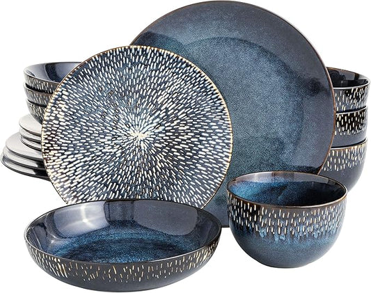 Gibson Elite Matisse 16 Piece Double Bowl Dinnerware Set, Cobalt Blue, Service for 4 (16pcs)