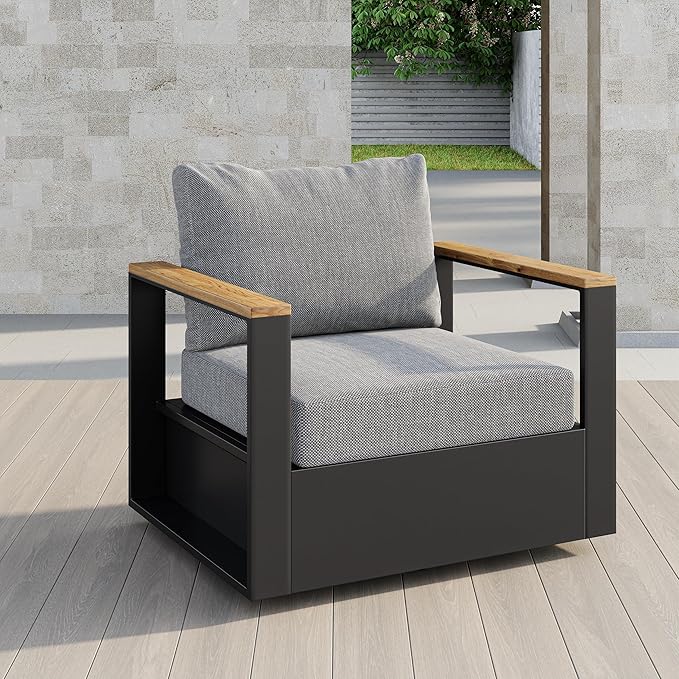 homary Outdoor Swivel Chair, Patio Chair Outdoor Seating with Gray Cushions, Aluminum Frame & Wood Accents, 360° Rotating Base, Weather-Resistant Upholstery for Patio or Deck