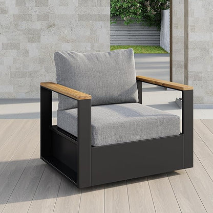 homary Outdoor Swivel Chair, Patio Chair Outdoor Seating with Gray Cushions, Aluminum Frame & Wood Accents, 360° Rotating Base, Weather-Resistant Upholstery for Patio or Deck