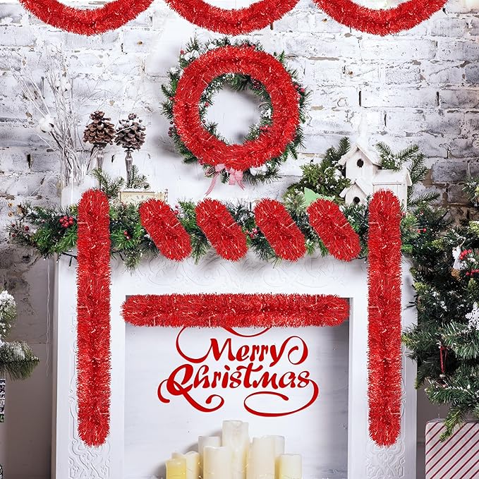 50 Ft Christmas Tinsel Garland Red Thick Tinsel Garland Xmas Tree Decorations Metallic Tinsel Twist Garland for Christmas, Birthday, Party Decor Indoor Outdoor Party Supplies