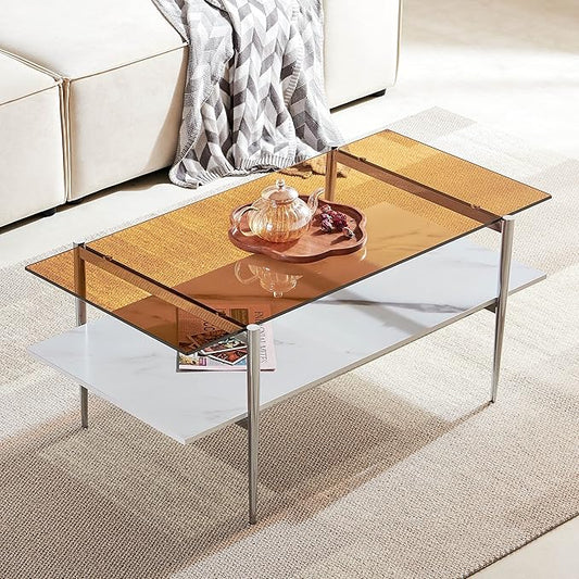 AGV LIGHTING Tadio Glass Coffee Table, Mid-Century Modern Coffee Table for Living Room, Chrome Finish Leg, Coffee Brown Glass Top & Faux Marble Wood Shelf, 41 in