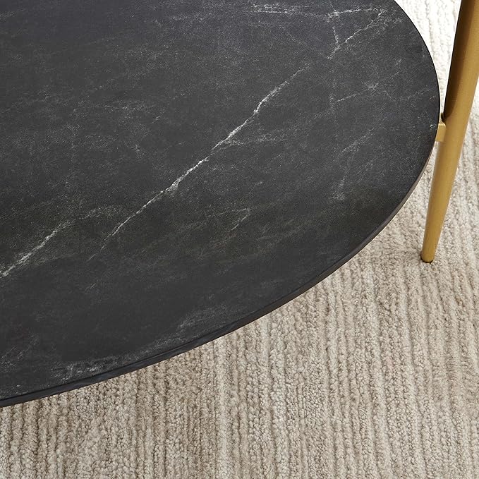 Oval Glass Coffee Table, Mid-Century Modern Design, L43 x W22 x H17 inch, Surfboard Shaped Grey Glass Top and Black Marble Finish Wood Shelf, Tapered Legs with Gold Finish Frame