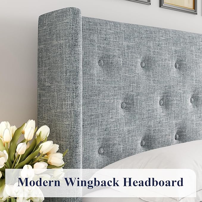 Allewie King Size Lift Up Storage Bed, Button Tufted Headboard with Wingback, Hydraulic Support, No Box Spring Needed, Grey Blue