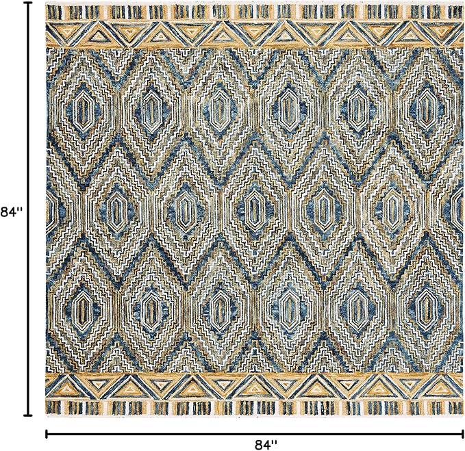 SAFAVIEH Aspen Collection Area Rug - 7' Square, Blue & Gold, Handmade Boho Wool, Ideal for High Traffic Areas in Living Room, Bedroom (APN822M)