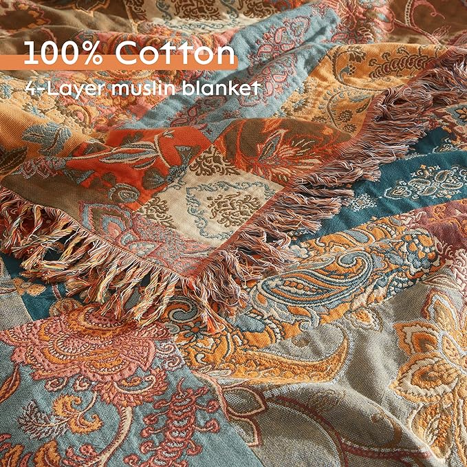 Boho Throw Blanket 100% Cotton Woven Ultra Soft 4-Layer Muslin Quilt Farmhouse Bed Blanket Cover 90"x98", Patchwork Floral