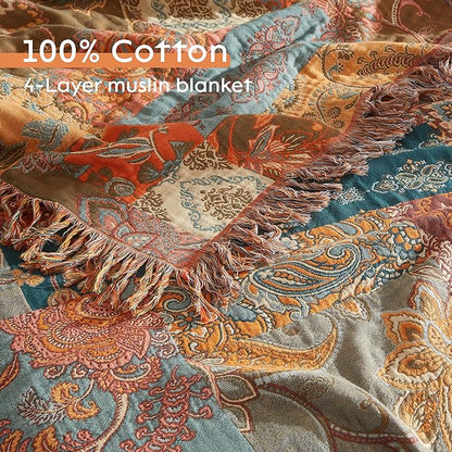 Boho Throw Blanket 100% Cotton Woven Ultra Soft 4-Layer Muslin Quilt Farmhouse Bed Blanket Cover 90"x98", Patchwork Floral
