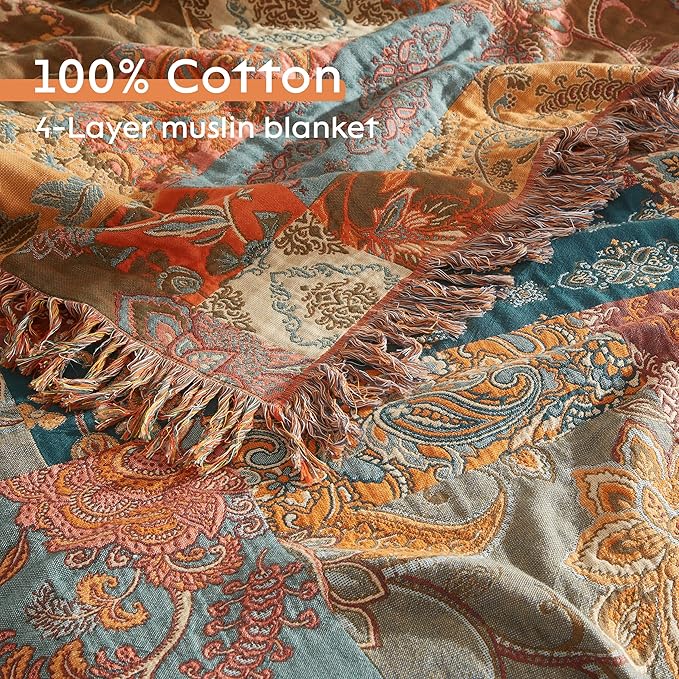 Boho Throw Blanket 100% Cotton Woven Ultra Soft 4-Layer Muslin Quilt Farmhouse Bed Blanket Cover 80"x90", Patchwork Floral