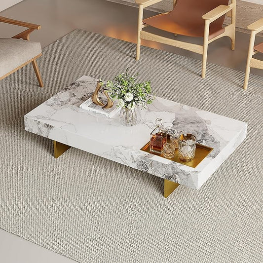 Modern Coffee Table for Living Room, 51.2" L arge Rectangle Living Room Table Sintered Stone Tabletop with Gold Stainless Steel Legs, Center Table for Home Office