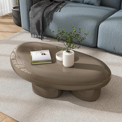 24/7 Shop at Home Kavren Modern 37-inch 3-Piece Oval Glossy Low Profile Coffee Table Set, Stone Shape Living Room Furniture for Small Space, Dark Brown