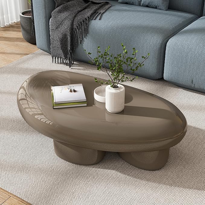 24/7 Shop at Home Kavren Modern 37-inch Oval Glossy Low Profile Coffee Table, Stone Shape Living Room Furniture for Small Space, Dark Brown