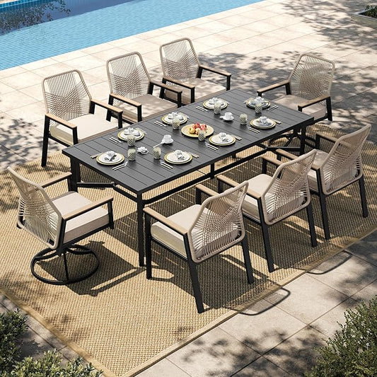 HERA'S HOUSE 9 Piece Modern Outdoor Dining Set, Patio Table and Chairs for 8, 2 x Cushioned Swivel Chairs and 6 x Fixed Chairs, 83" Large Rectangle Dining Table