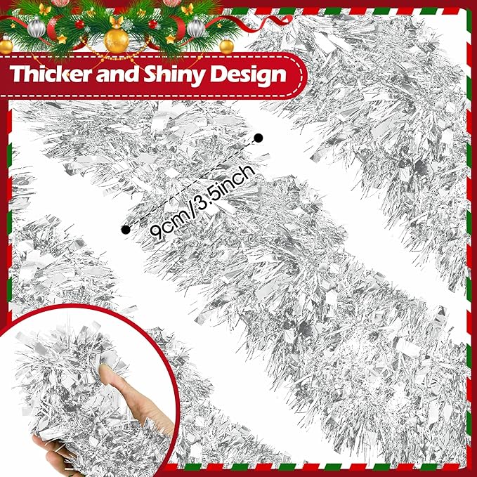 50FT Silver Tinsel Christmas Garland Metallic Twist Garland Shiny Hanging Tinsel for Christmas Tree Party Supplies Indoor Outdoor Home Xmas Decoration (Silver)
