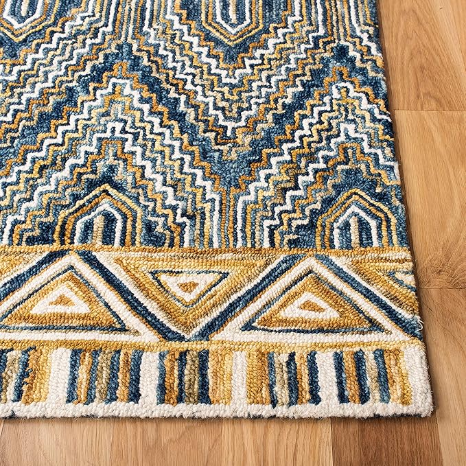 SAFAVIEH Aspen Collection Runner Rug - 2'3" x 8', Blue & Gold, Handmade Boho Wool, Ideal for High Traffic Areas in Living Room, Bedroom (APN822M)