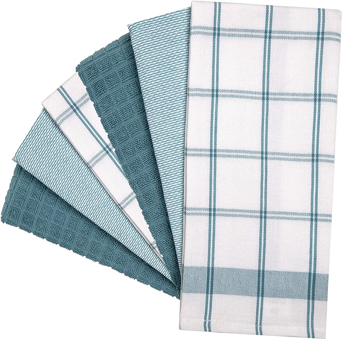 Premium Kitchen Towels 6 Pack Large Cotton Flat Terry Absorbent Tea Towels with Hanging Loop Teal Check 20x28