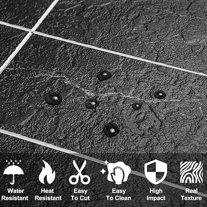 AULIGET 3" x 6" Subway Tile Peel and Stick Backsplash, Thick PVC Stick on Wall Tiles (4, Black Marble with White Grout)