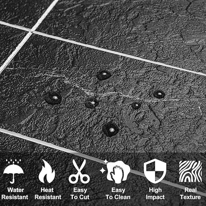 AULIGET 3" x 6" Subway Tile Peel and Stick Backsplash, Thick PVC Stick on Wall Tiles (4, Black Marble with White Grout)