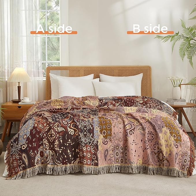 Boho Throw Blanket 100% Cotton Woven Ultra Soft 4-Layer Muslin Quilt Farmhouse Bed Blanket Cover 80"x90", Patchwork Floral