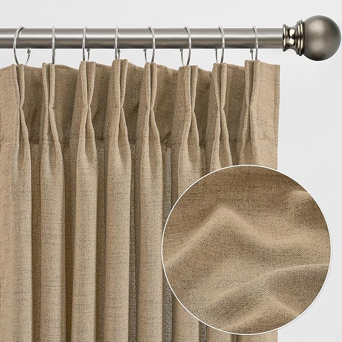 Dark Flax Pinch Pleated Linen Curtains 86 Inches Long Semi Sheer Memory Trained Ripple Fold Curtain with Hooks Back Tab Textured Light Filtering Drapes for Bedroom Living Room 50x86 Set of 2