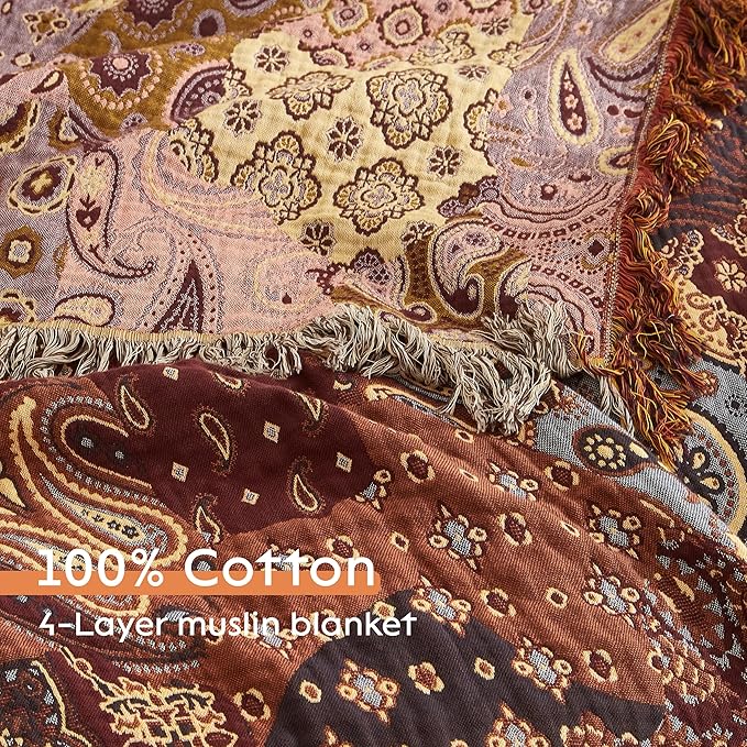 Boho Throw Blanket 100% Cotton Woven Ultra Soft 4-Layer Muslin Quilt Farmhouse Bed Blanket Cover 80"x90", Patchwork Floral