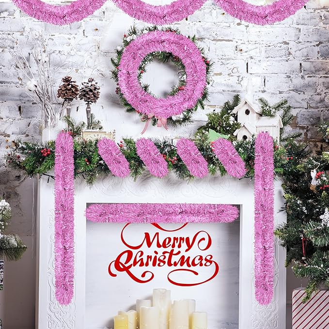 50 Ft Christmas Tinsel Garland Pink Thick Tinsel Garland Xmas Tree Decorations Metallic Tinsel Twist Garland for Christmas, Birthday, Party Decor Indoor Outdoor Party Supplies