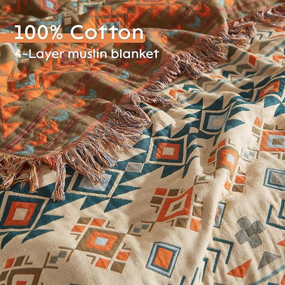 Boho Throw Blanket 100% Cotton Woven Ultra Soft 4-Layer Muslin Quilt Farmhouse Bed Blanket Cover 60"x80", Diamond