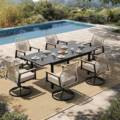 HERA'S HOUSE Patio Table and Chairs Set, Outdoor Dining Set for 7, Outdoor Rattan Dining Set of 6 x Cushioned Woven Rattan Patio Swivel Chairs and 1 x 61”/84” Black Extendable Metal Table