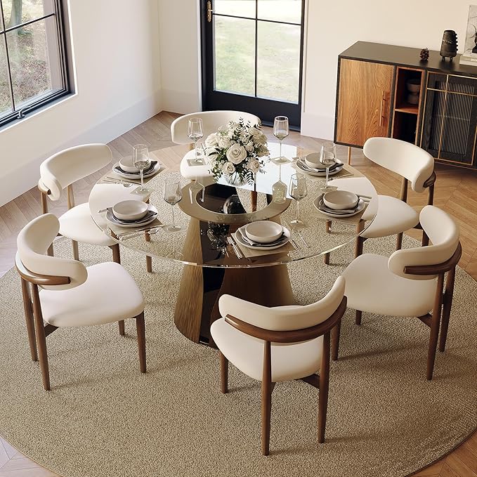 POVISON 60" Glass Round Dining Table for 6, Modern Dining Table 59" Dining Room Table, Round Glass Tabletop with Solid Bronze Carbon Steel Base for Kitchen (Table Only)