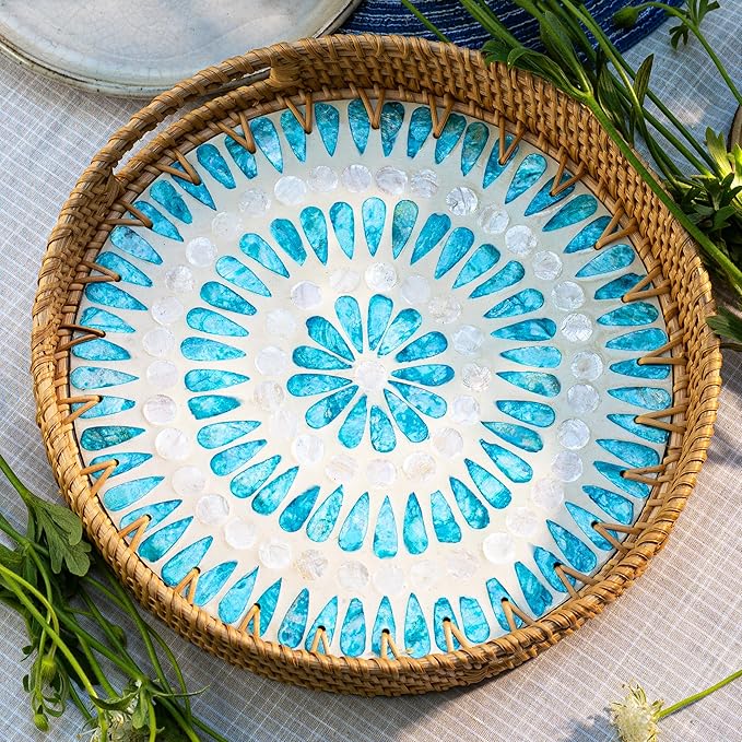 JUNGLE CULTURE Rattan Serving Tray 12" with Mother of Pearl Inlay • Coastal Boho Collection • Handcrafted Woven with Handles for Home • Round Dining Tray • Wicker Serving Basket – Ripple