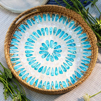 JUNGLE CULTURE Rattan Serving Tray 12" with Mother of Pearl Inlay • Coastal Boho Collection • Handcrafted Woven with Handles for Home • Round Dining Tray • Wicker Serving Basket – Ripple