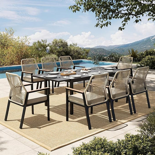 HERA'S HOUSE 9 Pieces Patio Table and Chairs Set, Outdoor Dining Set for 8, 8 x Cushioned Rattan Patio Chairs and 1 x Extendable Dining Table, Outdoor Rattan Dining Table Set for Lawn Garden Backyard
