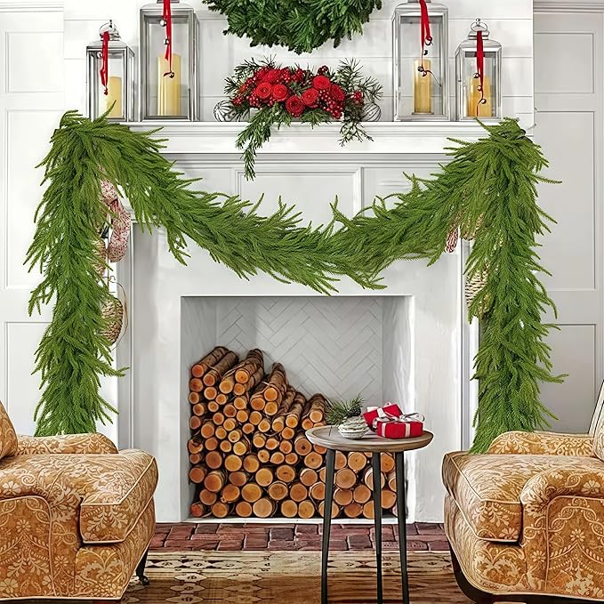 Christmas Decorations Artificial Norfolk Pine Garlands 6FT, Real Touch Winter Pine Garland, Green Artificial Greenery Garland for Table, Mantle, Wall, Indoor, Outdoor Decorations