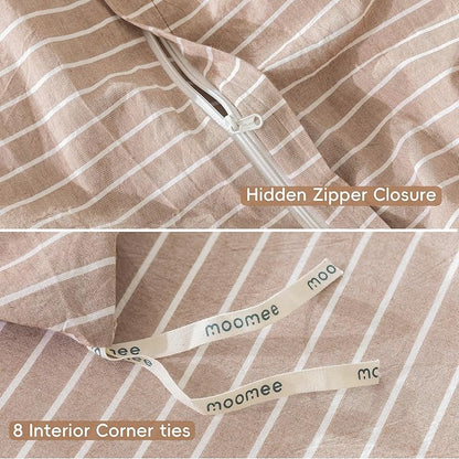 MooMee Striped Duvet Cover Set 100% Washed Cotton Linen Like Textured Breathable Durable Soft Comfy (Orange White Wide Stripes, Super Queen 90"x98")