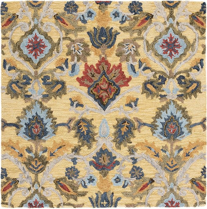 SAFAVIEH Blossom Collection Area Rug - 4' Square, Gold & Multi, Handmade Wool, Ideal for High Traffic Areas in Living Room, Bedroom (BLM402D)