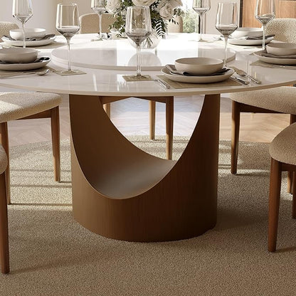 POVISON Round Dining Table for 4-6 with 23" Lazy Susan 51" Glossy White Sintered Stone Tabletop with Bronze Carbon Steel Pedestal