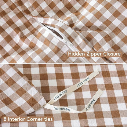 MooMee Gingham Duvet Cover Set 100% Washed Cotton Linen Like Textured Breathable Durable Soft Comfy Modern Checkered Design (Dark Orange Gingham, King 104"x90")