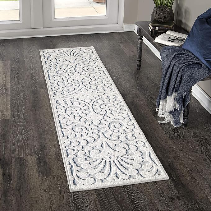 My Texas House Bluebonnets Runner Rug 1.11x7.6 Indoor Outdoor, Natural Harbor Blue