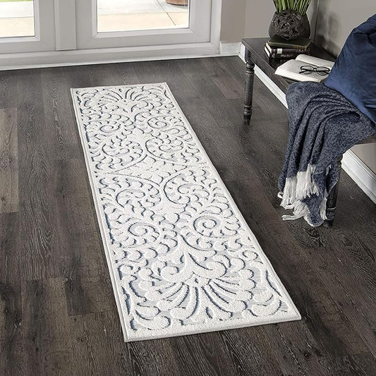 My Texas House Bluebonnets Runner Rug 1.11x7.6 Indoor Outdoor, Natural Harbor Blue