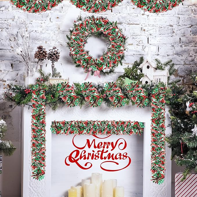 50 Ft Christmas Tinsel Garland Thick Tinsel Garland Xmas Tree Decorations Metallic Tinsel Twist Garland for Christmas, Birthday, Party Decor Indoor Outdoor Party Supplies