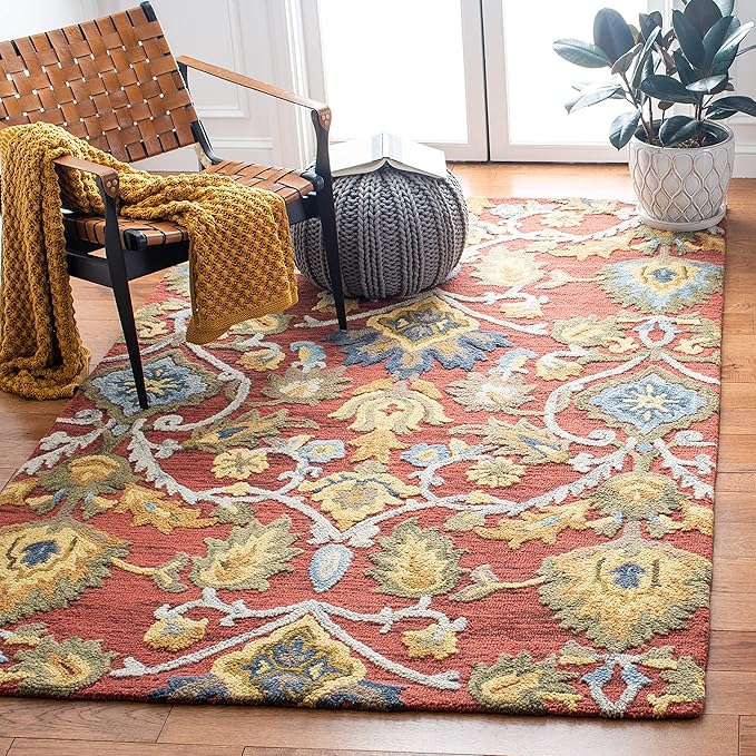 SAFAVIEH Blossom Collection Accent Rug - 4' x 6', Red & Multi, Handmade French Country Floral Wool, Ideal for High Traffic Areas in Entryway, Living Room, Bedroom (BLM402Q)